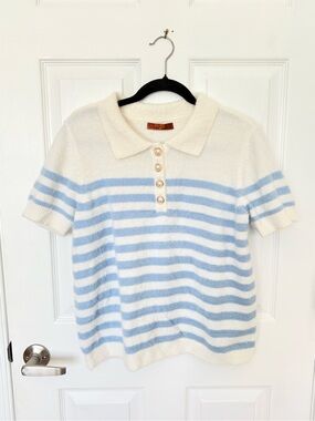 Belldini Cream and Light Blue Striped Short-Sleeve Polo Sweater